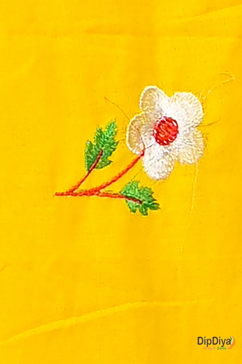 Yellow Pure Cotton Paray Embroidery Handloom saree (300)